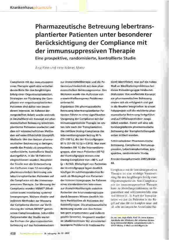 Vorschauseite 1: Pharmazeutische Betreuung lebertransplantierter Patienten unter besonderer Berücksichtigung der Compliance mit der immunsuppressiven Therapie