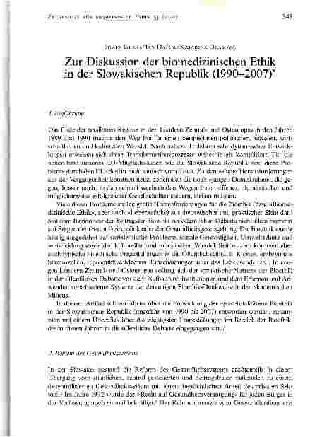 Vorschauseite 1: Zur Diskussion der biomedizinischen Ethik in der Slowakischen Republik (1990-2007)