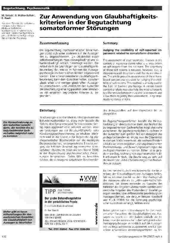 Vorschauseite 1: Zur Anwendung von Glaubhaftigkeitskriterien in der Begutachtung somatoformer Störungen