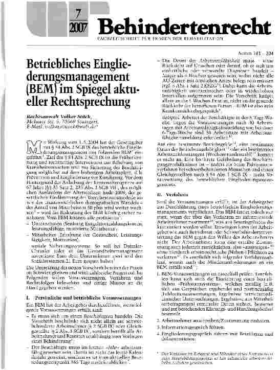 Vorschauseite 1: Betriebliches Eingliederungsmanagement (BEM) im Spiegel aktueller Rechtsprechung