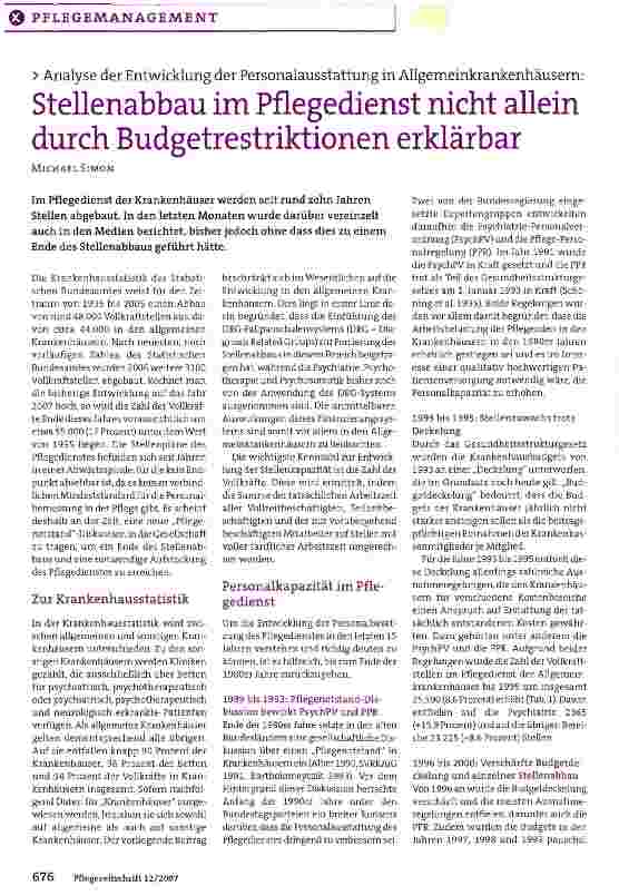 Vorschauseite 1: Stellenabbau im Pflegedienst nicht allein durch Budgetrestriktionen erklärbar