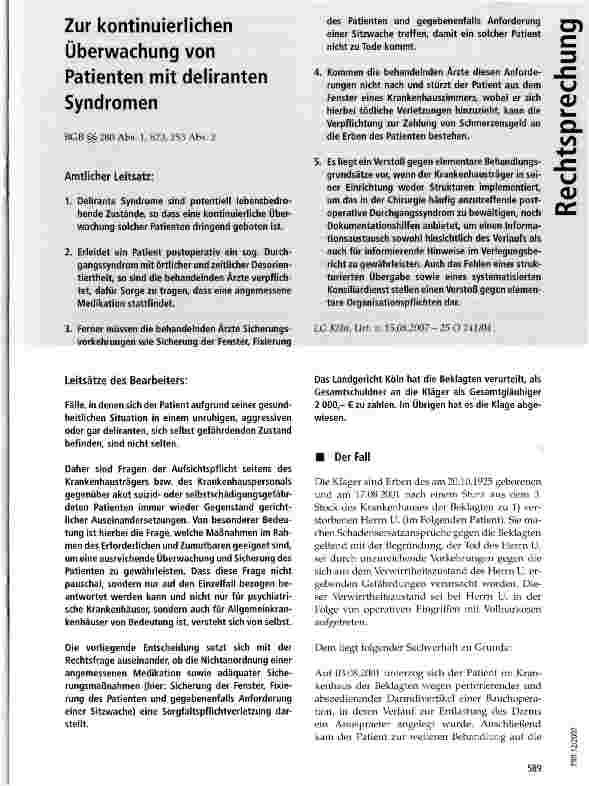 Vorschauseite 1: Zur kontinuierlichen Überwachung von Patienten mit deliranten Syndromen