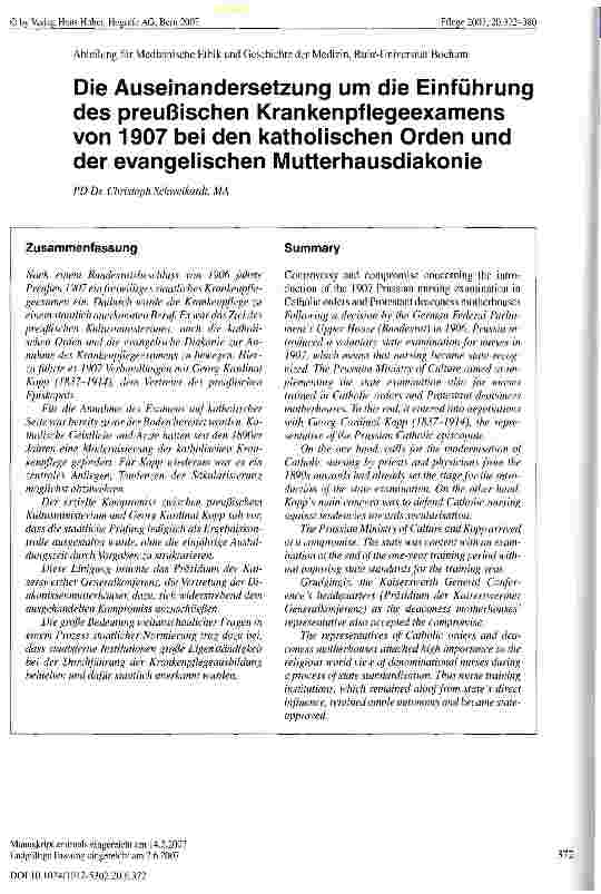 Vorschauseite 1: Die Auseinandersetzung um die Einführung des preußischen Krankenpflegeexamens von 1907 bei den katholischen Orden und der evangelischen Mutterhausdiakonie