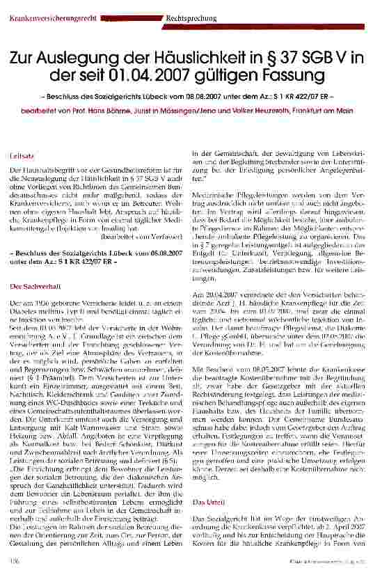 Vorschauseite 1: Zur Auslegung der Häuslichkeit in § 37 SGB V in der seit 01.04.2007 gültigen Fassung