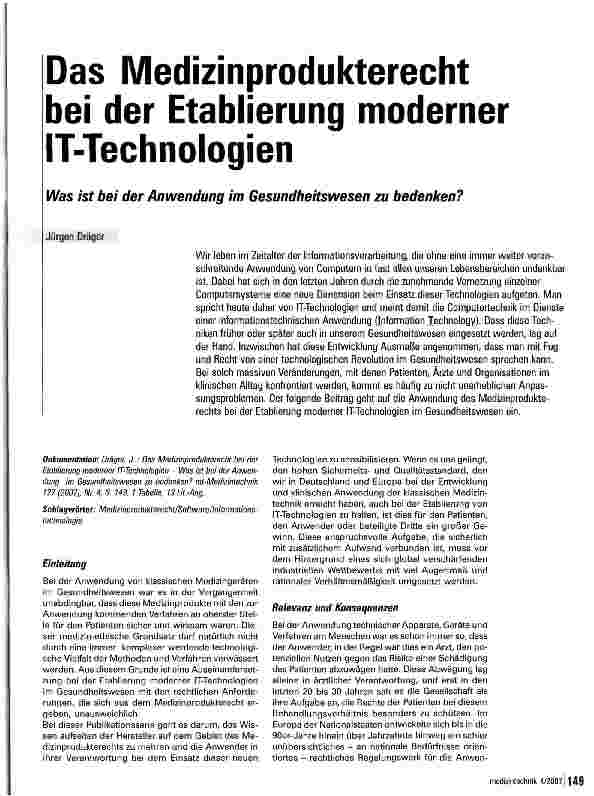 Vorschauseite 1: Das Medizinprodukterecht bei der Etablierung moderner IT-Technologien