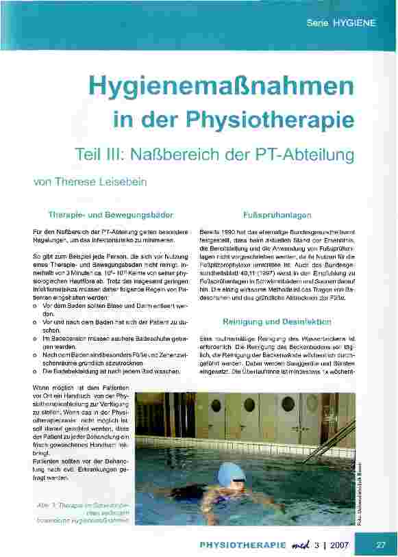 Vorschauseite 1: Hygienemaßnahmen in der PhysiotherapieTeil III: Naßbereich der PT-Abteilung