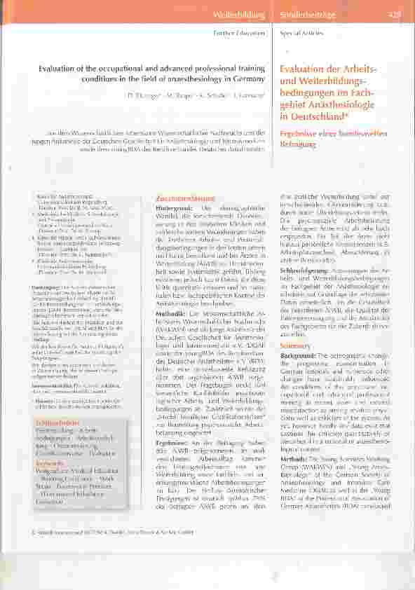 Vorschauseite 1: Evaluation der Arbeitsund Weiterbildungsbedingungen im Fachgebiet Anästhesiologiein Deutschland