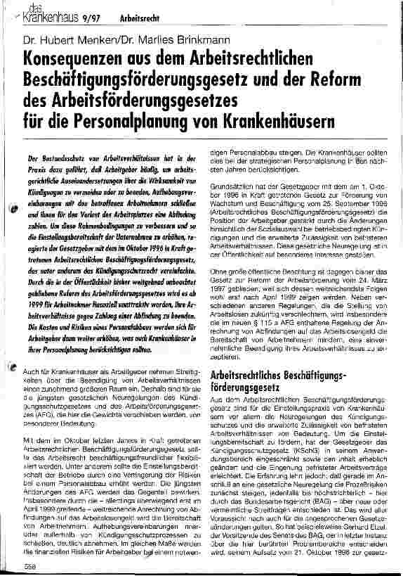 Vorschauseite 1: Konsequenzen aus dem Arbeitsrechtlichen Beschäftigungsförderungsgesetz und der Reform des Arbeitsförderungsgesetzes für die Personalplanung von Krankenhäusern