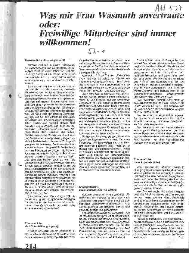 Vorschauseite 1: Was mir Frau Wasmuth anvertraute oder: Freiwillige Mitarbeiter sind immer willkommen!