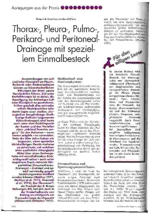 Vorschauseite 1: Thorax-, Pleura-, Pulmo-, Perikard-, und Peritonealdrainage mit speziellem Einmalbesteck