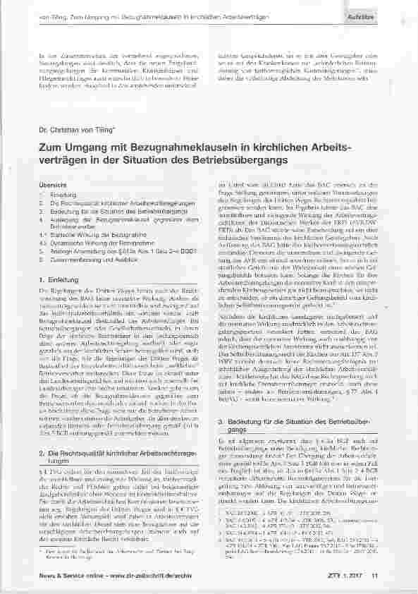 Vorschauseite 1: Zum Umgang mit Bezugnahmeklauseln in kirchlichen Arbeitsverträgen in der Situation des Betriebsübergangs