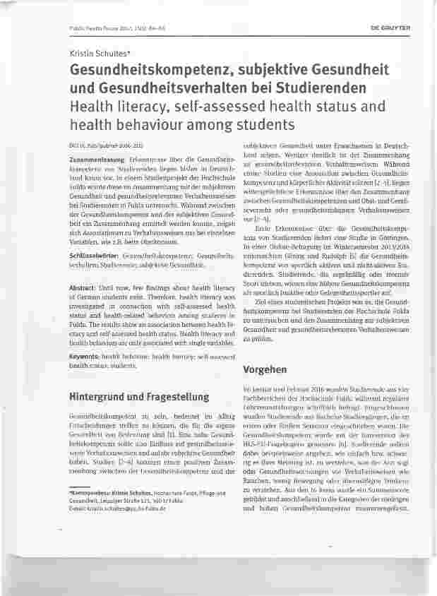Vorschauseite 1: Gesundheitskompetenz, subjektive Gesundheit und Gesundheitsverhalten bei StudierendenHealth literacy, selfassessed health status and health behaviour among students