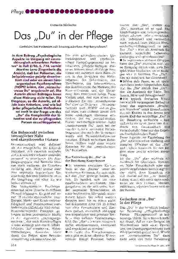 Vorschauseite 1: Das Du in der Pflege - Geduldet bei Patienten mit hirnorganischem Psychosyndrom? -