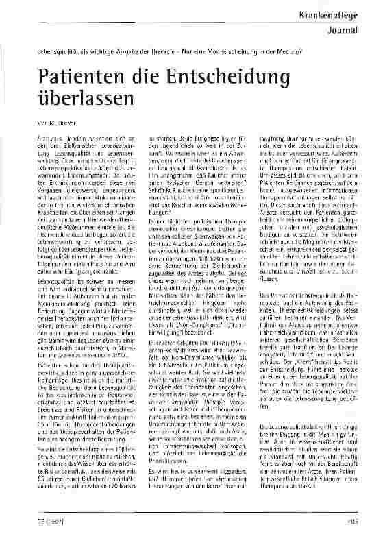 Vorschauseite 1: Patienten die Entscheidung überlassen Lebensqualität als wichtige Vorgabe der Therapie - nur eine Modeerscheinung in der Medizin?