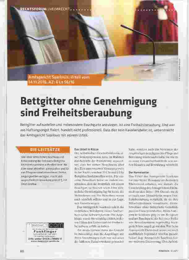 Vorschauseite 1: Bettgitter ohne Genehmigung sind Freiheitsberaubung