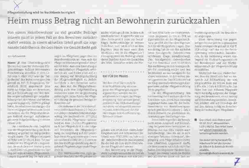 Vorschauseite 1: Heim muss Betrag nicht an Bewohnerin zurückzahlen