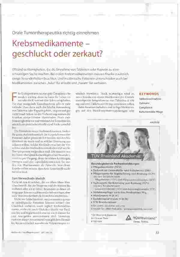 Vorschauseite 1: Orale Tumortherapeutika richtig einnehmen Krebsmedikamente geschluckt oder zerkaut?