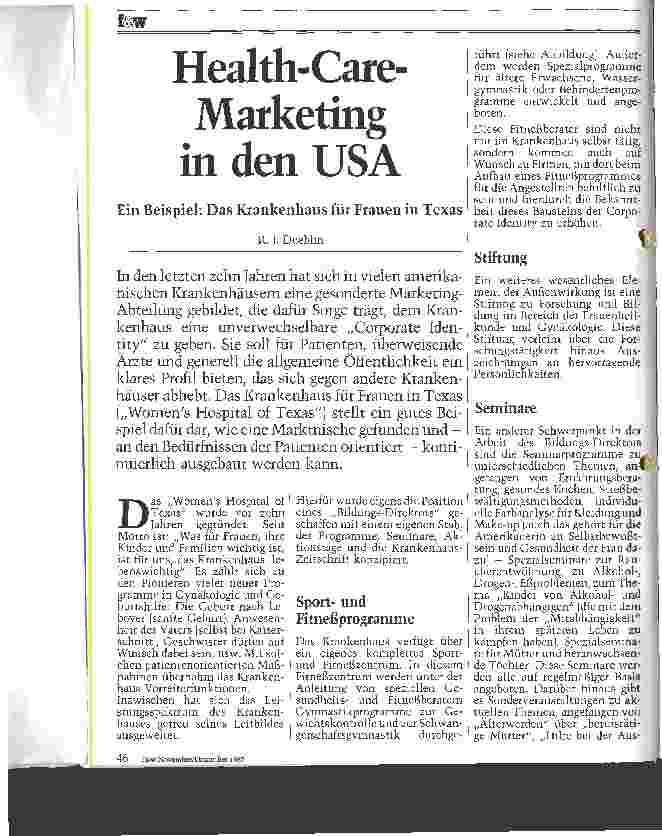 Vorschauseite 1: Health-Care-Marketing in der USA Ein Beispiel: Das Krankenhaus für Frauen in Texas