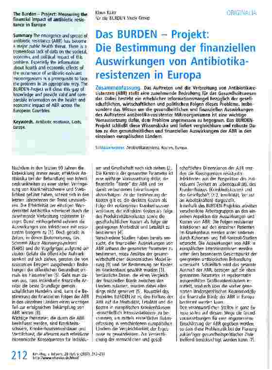 Vorschauseite 1: Das BÜRDEN - Projekt: Die Bestimmung der finanziellen Auswirkungen von Antibiotikaresistenzen in Europa