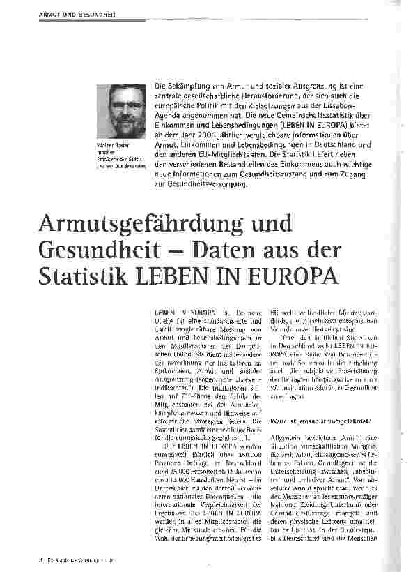 Vorschauseite 1: Armutsgefahrdung und Gesundheit - Daten aus der Statistik LEBEN IN EUROPA