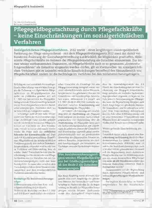 Vorschauseite 1: Pflegegeldbegutachtung durch Pflegefachkräfte keine Einschränkungen im sozialgerichtlichen Verfahren