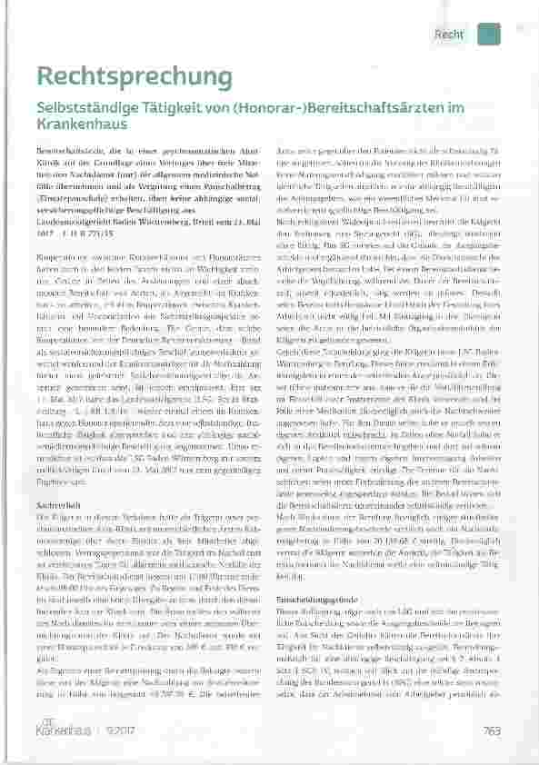 Vorschauseite 1: Selbstständige Tätigkeit von (Honorar’)Bereitschaftsärzten im Krankenhaus