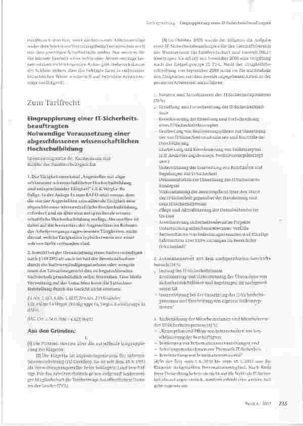 Vorschauseite 1: Eingruppierung einer IT-Sicherheitsbeauftragten Notwendige Voraussetzung einerabgeschlossenen wissenschaftlichen Hochschulbildung