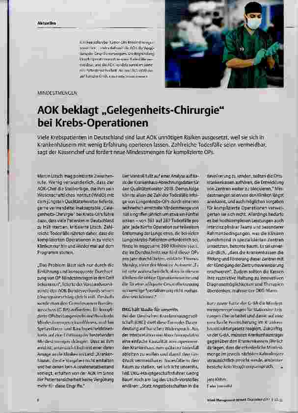 Vorschauseite 1: AOK beklagt „Gelegenheits-Chirurgie bei Krebs-Operationen
