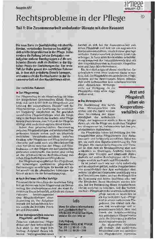Vorschauseite 1: Rechtsprobleme in der Pflege Teil 1: Die Zusammenarbeit ambulanter Dienste mit dem Hausarzt