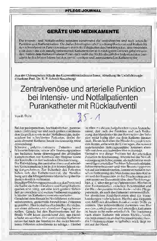 Vorschauseite 1: Zentralvenöse und arterielle Punktion bei Intensivund Notfallpatienten Purankatheter mit Rücklaufventil