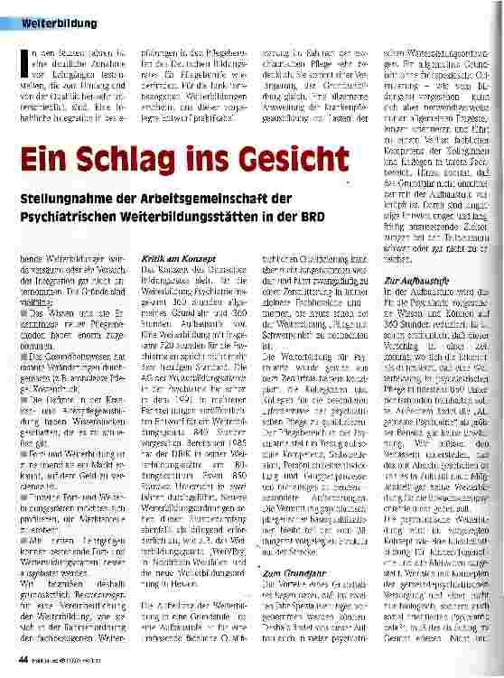 Vorschauseite 1: Ein Schlag ins Gesicht Stellungnahme der Arbeitsgemeinschaft der Psychiatrischen Weiterbildungsstätten in der BRD