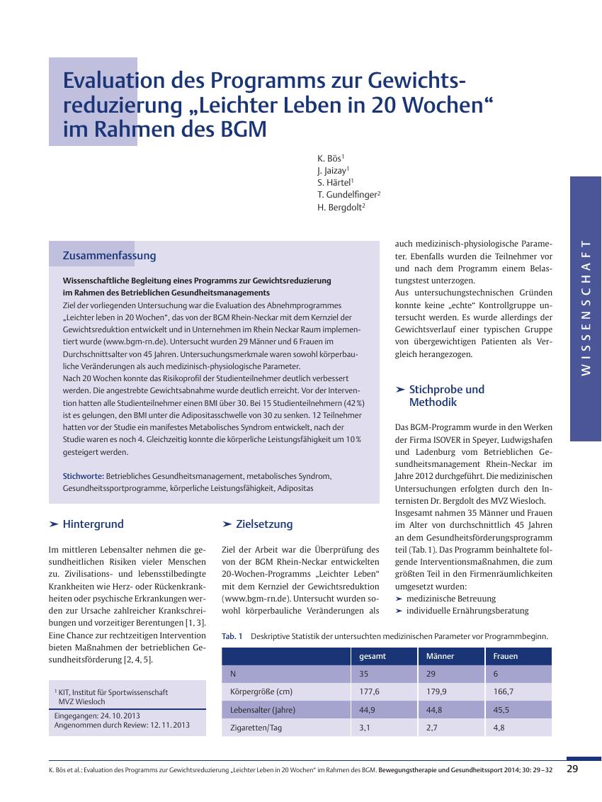 Vorschauseite 1: Evaluation des Programms zur Gewichtsreduzierung „Leichter Leben in 20 Wochen“ im Rahmen des BGM