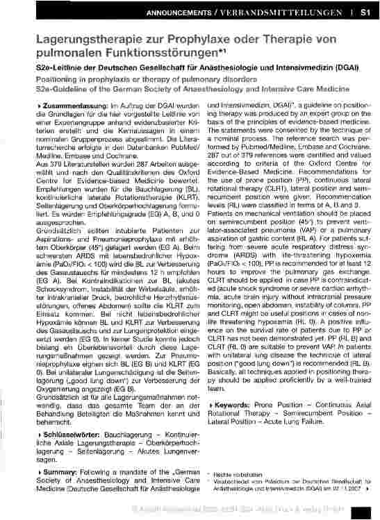 Vorschauseite 1: Lagerungstherapie zur Prophylaxe oder Therapie von pulmonalen Funktionsstörungen