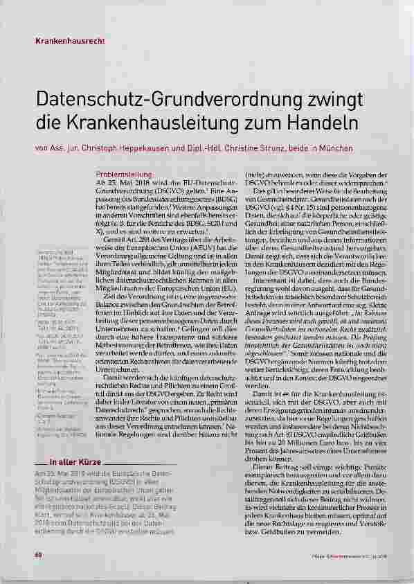 Vorschauseite 1: Datenschutz-Grundverordnung zwingt die KrankenhausLeitung zum Handeln