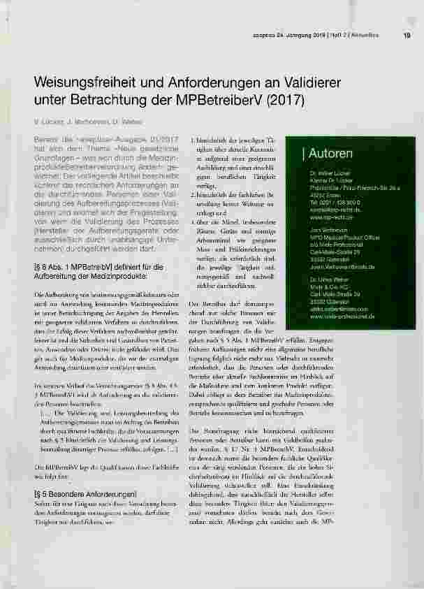 Vorschauseite 1: Weisungsfreiheit und Anforderungen an Validierer unter Betrachtung der MPBetreiberV (2017)