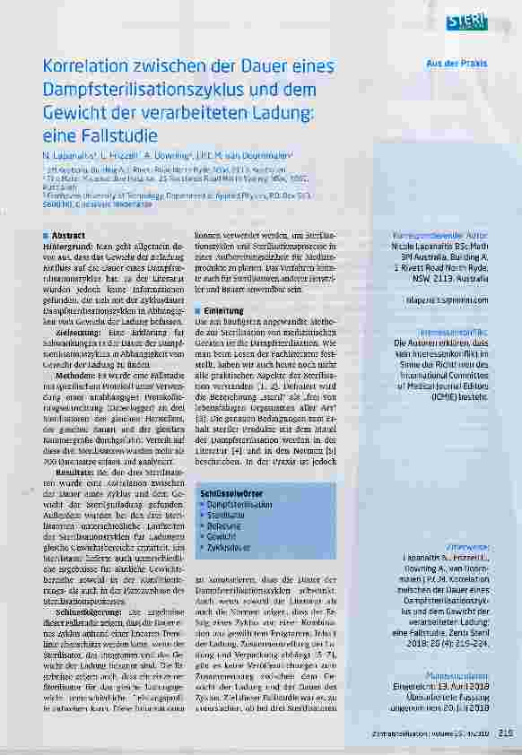 Vorschauseite 1: Korrelation zwischen der Dauer eines Dampfsterilisationszyklus und dem Gewicht der verarbeiteten Ladung: eine Fallstudie