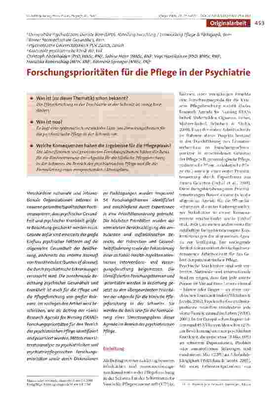 Vorschauseite 1: Forschungsprioritäten für die Pflege in der Psychiatrie
