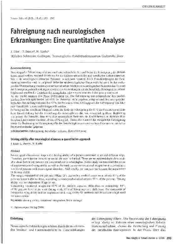 Vorschauseite 1: Fahreignung nach neurologischen Erkrankungen: Eine quantitative Analyse