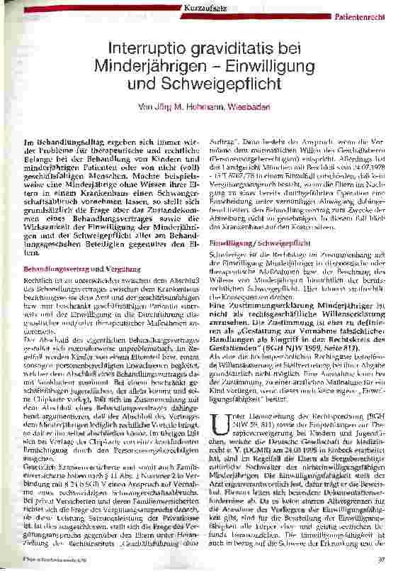 Vorschauseite 1: Interruptio graviditas bei Minderjährigen Einwilligung und Schweigepflicht