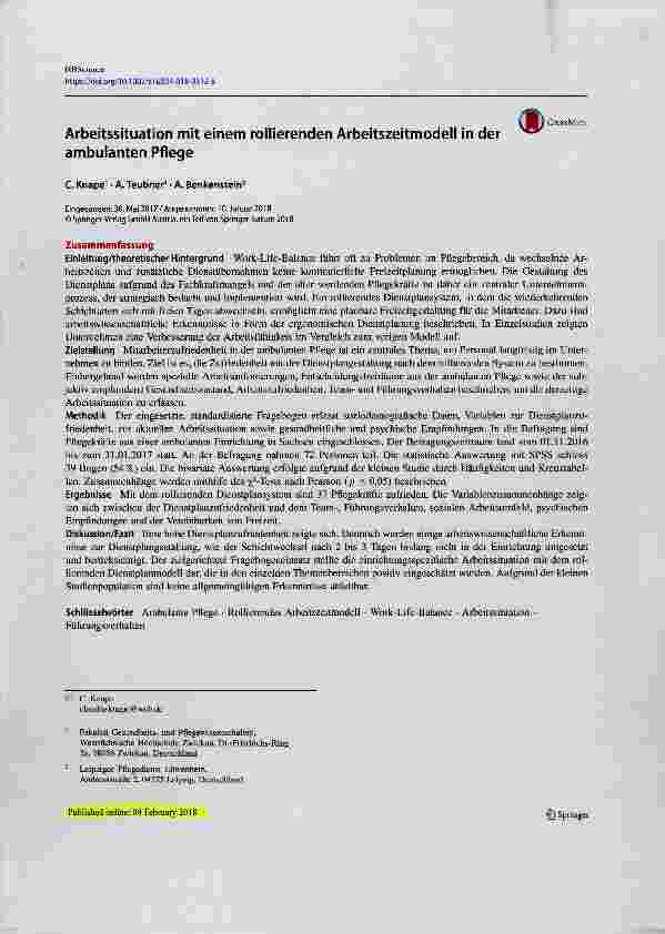 Vorschauseite 1: Arbeitssituation mit einem rollierenden Arbeitszeitmodell in der ambulanten Pflege