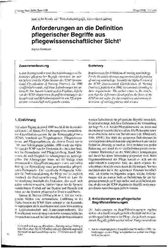 Vorschauseite 1: Anforderungen an die Definition pflegerischer Begriffe aus pflegewissenschaftlicer Sicht