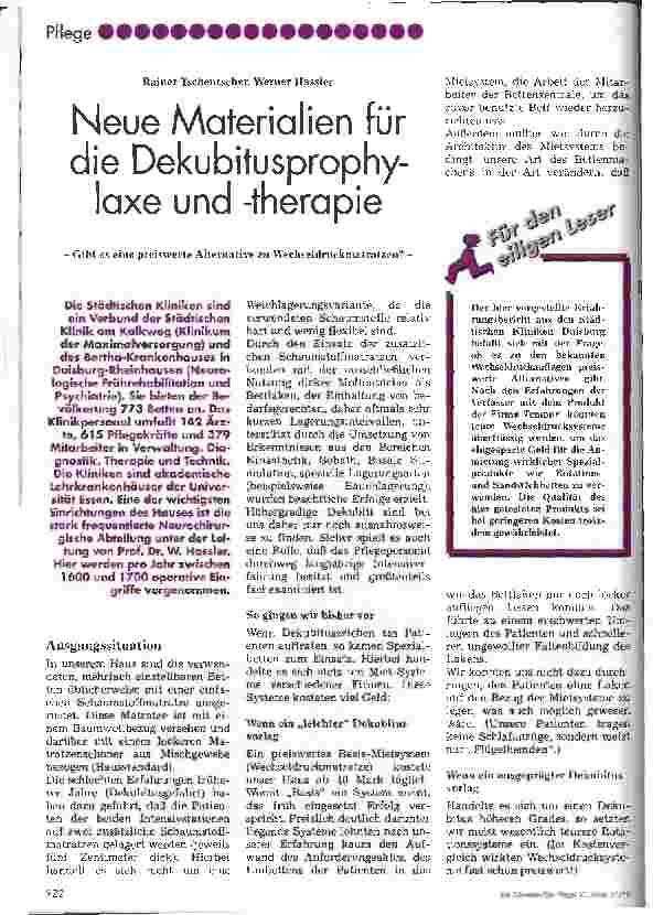 Vorschauseite 1: Neue Materialien für die Dekubitusprophylaxe und -therapie Gibt es eine preiswerte Alternative zu Wechseldruckmatratzen?