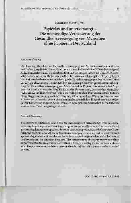 Vorschauseite 1: Papierlos und unterversorgt Die notwendige Verbesserung der Gesundheitsversorgung von Menschen ohne Papiere in Deutschland