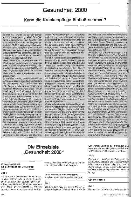 Vorschauseite 1: Die Einzelziele Gesundheit 2000 / Ziele der Gesundheit für alle Implikation für das Pflegewesen Bericht und Stellungnahme