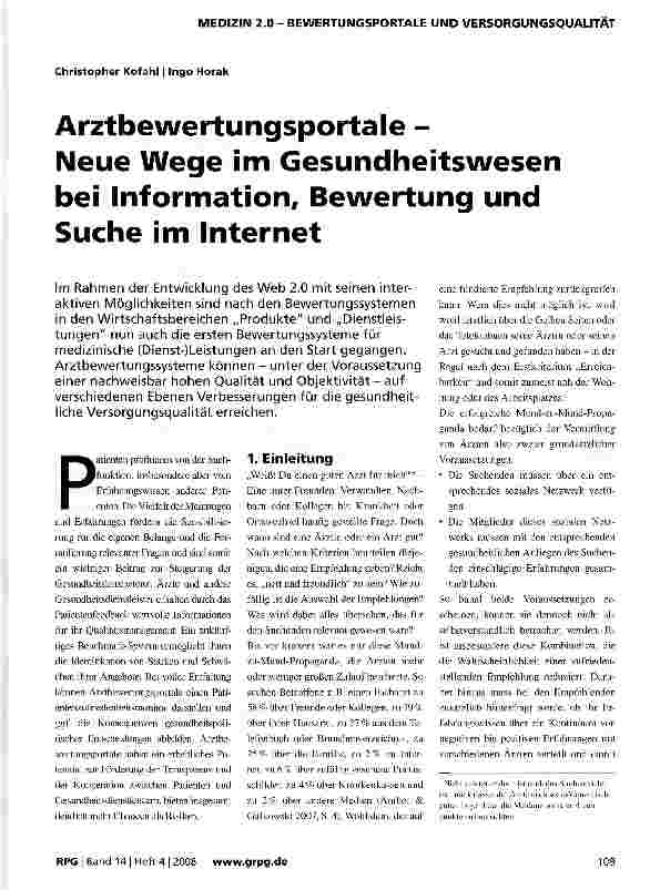 Vorschauseite 1: Arztbewertungsportale -Neue Wege im Gesundheitswesen bei Information, Bewertung und Suche im Internet