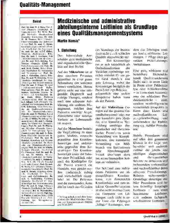 Vorschauseite 1: Medizinische und administrative abteilungsinterne Leitlinien als Grundlage eines Qualitätsmanagementsystems