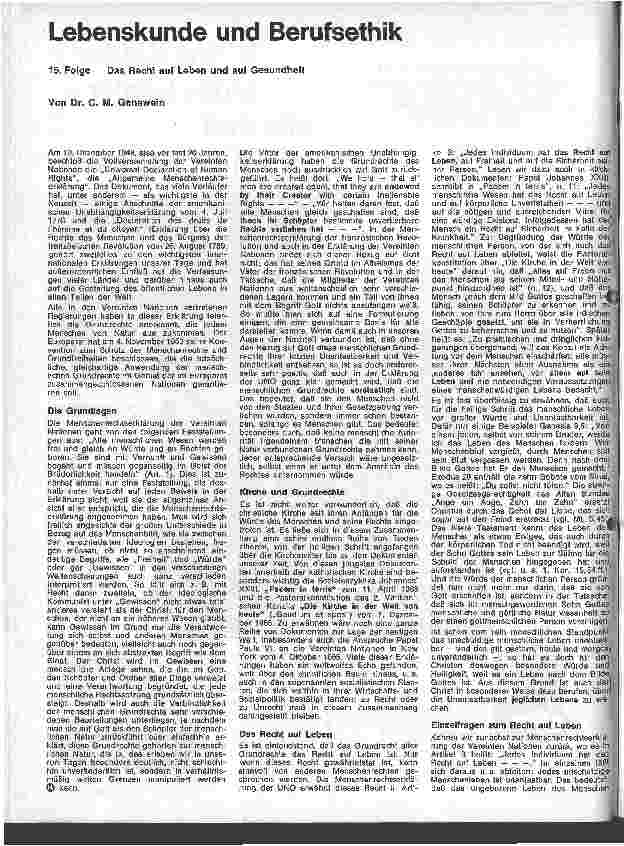 Vorschauseite 1: Lebenskunde und Berufsethik 15. Folge: Das Recht auf Leben und auf Gesundheit