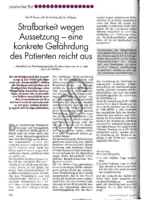 Vorschauseite 1: Strafbarkeit wegen Aussetzung - eine konkrete Gefährdung des Patienten reicht aus Beschluß des Oberlandsgerichts Zweibrücken vom 18. 8. 1997