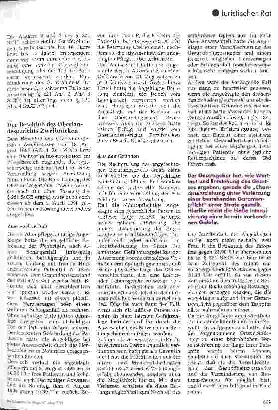 Vorschauseite 2: Strafbarkeit wegen Aussetzung - eine konkrete Gefährdung des Patienten reicht aus Beschluß des Oberlandsgerichts Zweibrücken vom 18. 8. 1997