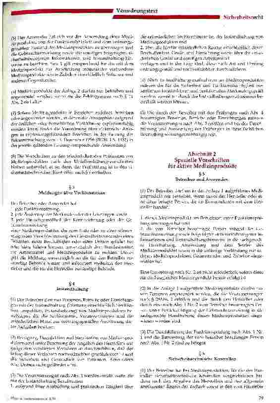 Vorschauseite 2: Verordnung über das Errichten, Betreiben und Anwenden von Medizinprodukten (Medizinprodukte-Betreiberverordnung - MPBetreibV)